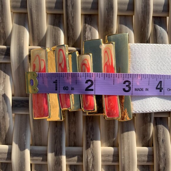 Vintage White Elastic Gold Red 80s Retro Glam Statement Buckle Wide Cinch Belt - Picture 11 of 11